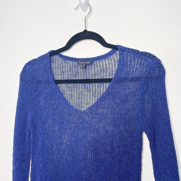 Eileen Fisher Blue Open Knit Linen Blend Asymmetrical Long Sleeve Top Size XS - Picture 2 of 8